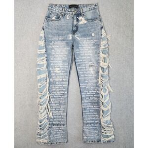 Who Decides War MRDR BRVDO Jeans Mens 32 Blue Distressed Text Crystal Streetwear